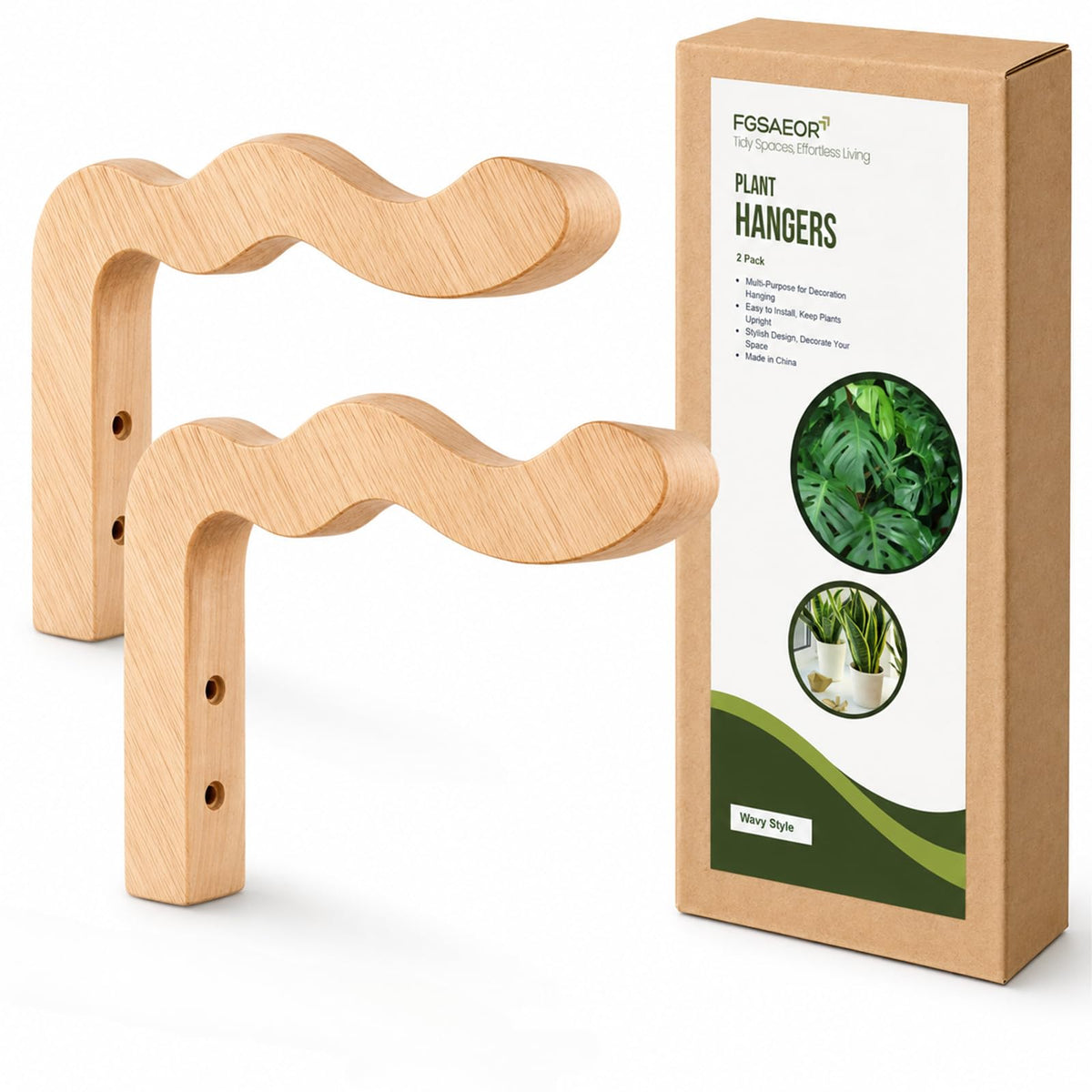 FGSAEOR Wavy Wooden Plant Hangers Wall Mount Hanging Plant Hooks 2 Pack