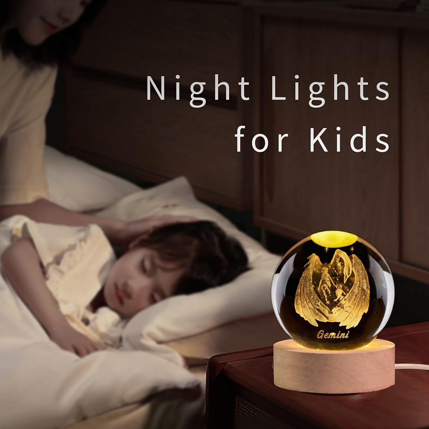 QIANCHANG 3D Laser Etched Gemini Crystal Ball with LED Light Stand, Constellation Decor Glass Sphere Lamp, Zodiac Astrology Birthday Gifts for Women Kids