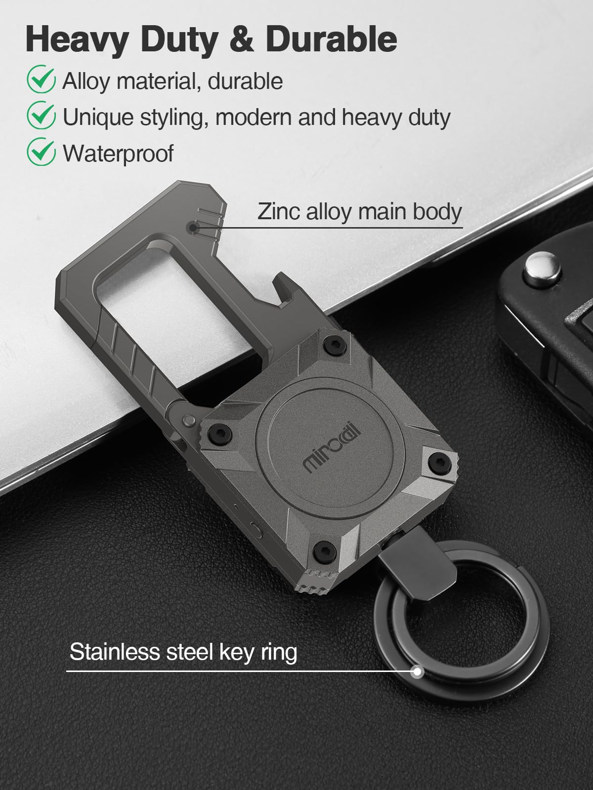 Miroddi Keychain Tracker, Men's Key Chain Works with Find My(iOS Only), Heavy Duty Keychain Carabiner Bottle Opener, Car Key Chains with Finder, Anti-lost Keyrings Tracker, Rechargeable, Gunmetal