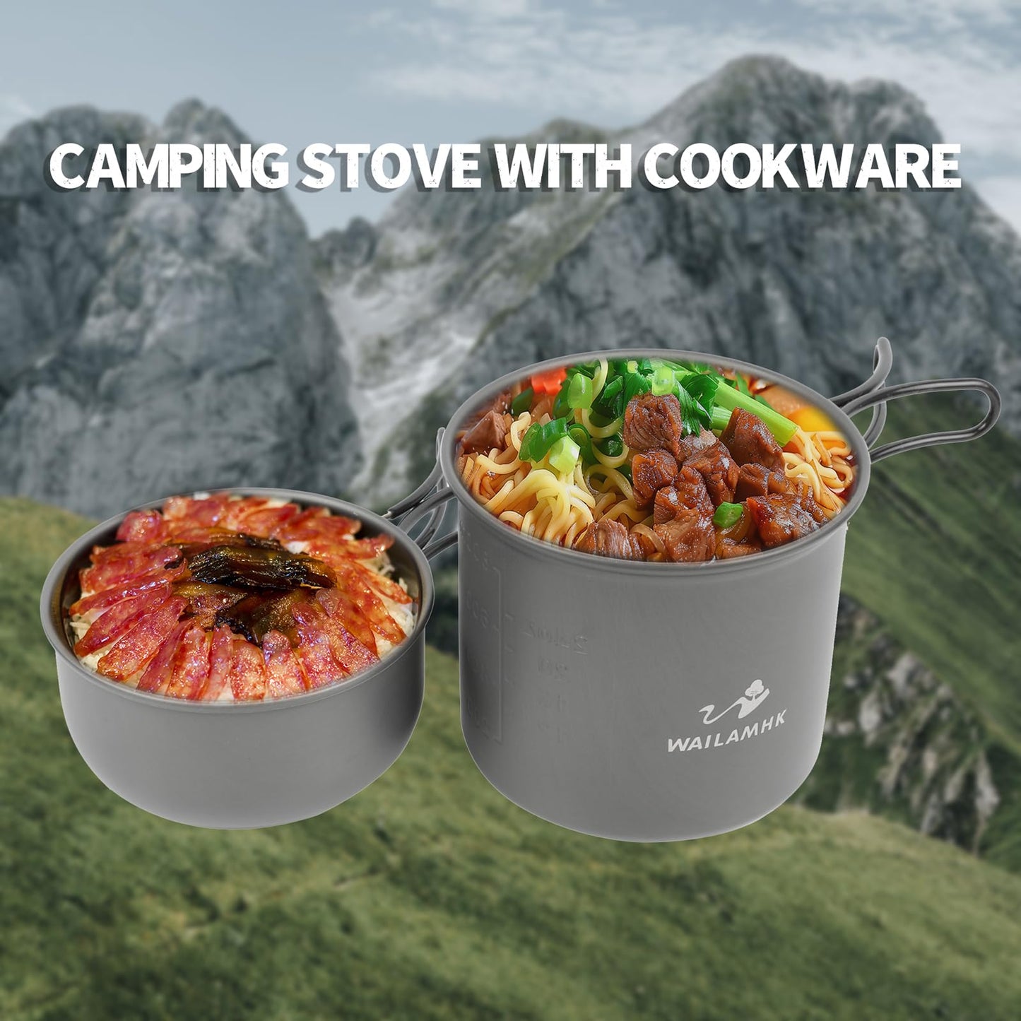 WAILAMHK Camping Cookware Mess Kit, 17 pcs Backpacking Cooking Gear, Lightweight Camping Pots and Stove Set for 3 Person, Outdoor Cooking Gear Ideal for Camping, Hiking, Backpacking and Picnic