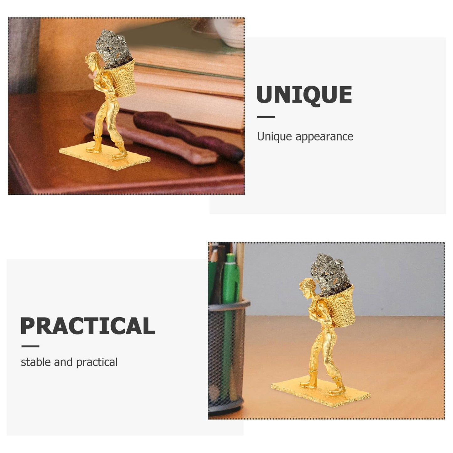 BESPORTBLE Mineral Cluster Ornament with Metal Miner Figurine and Back Basket, Irregular Raw Brass Ore Stone Craft for Home and Office Table Decoration
