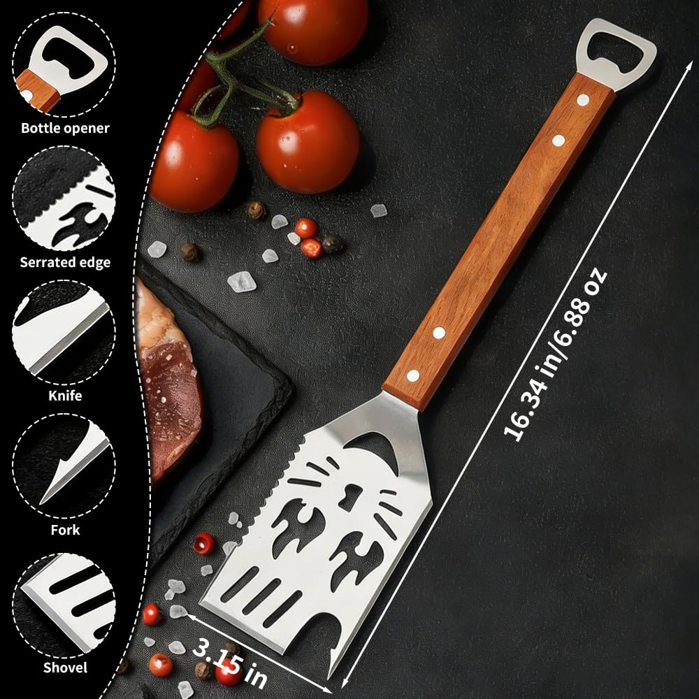 Grilling Accessories, BBQ Grill Tools Set with Spatula, Tongs, Brush & Bottle Opener, Stainless Steel Outdoor Barbecue Kit, Funny Grilling Gifts for Men