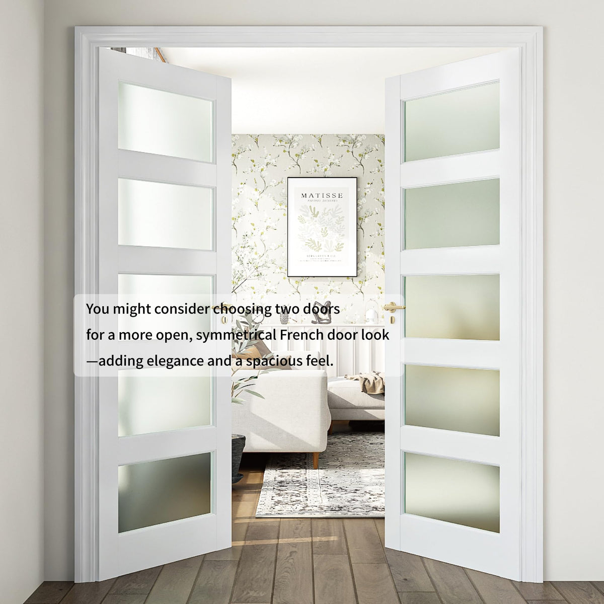 5-Lite Frosted Glass Interior French Door Slab, 28" x 80" Solid Core Wood Panel, for Pantry, Bedroom, Laundry & Bathroom, White Prefinished Paintable,White