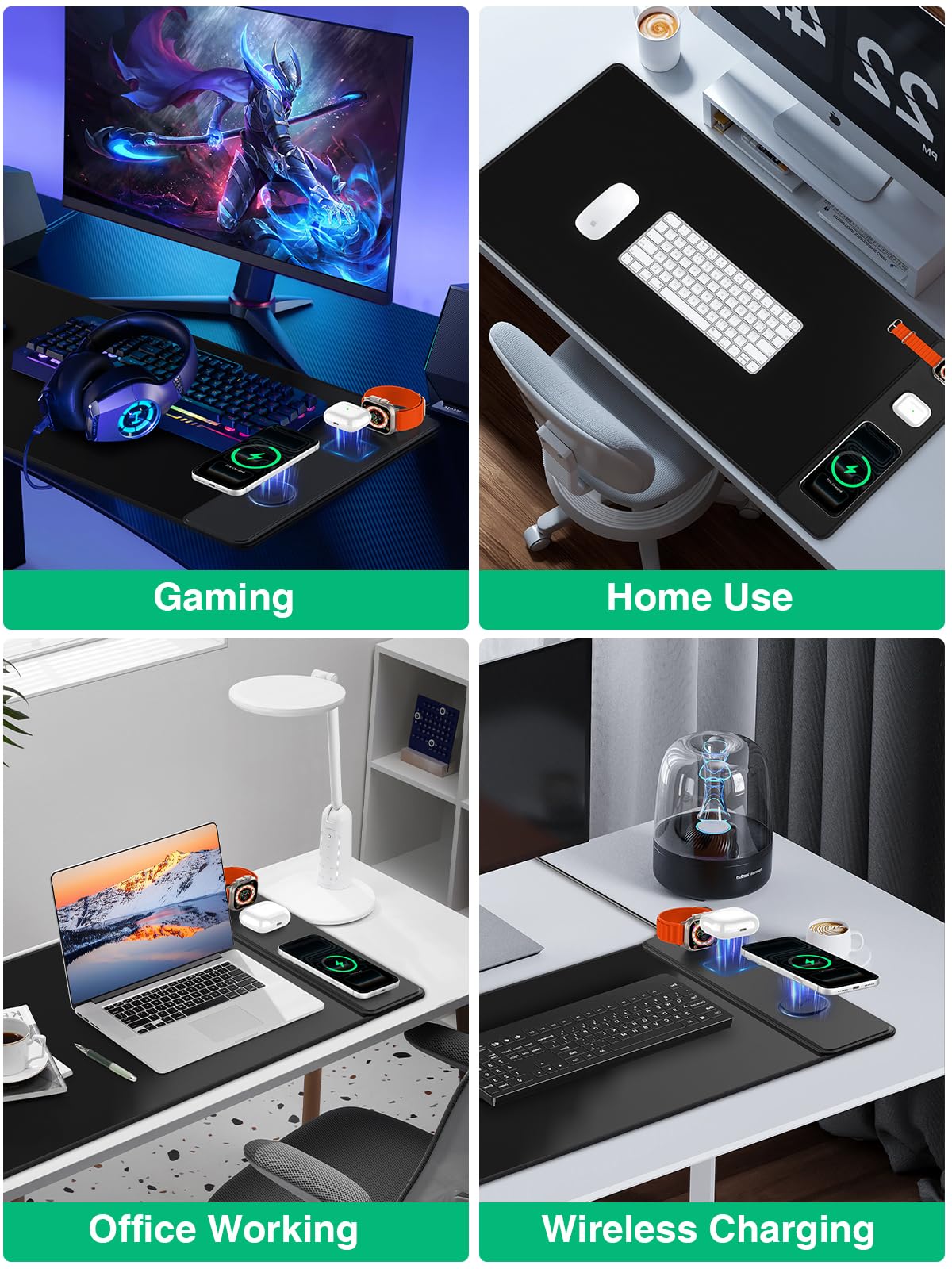Mouse Pad with Magnetic Wireless Charging, Large Desk Mat, Non-Slip Mouse Mat, Keyboard Pad for Gaming, Desk, Office, PC (The Right Charging-Black with 20W PD Charger)