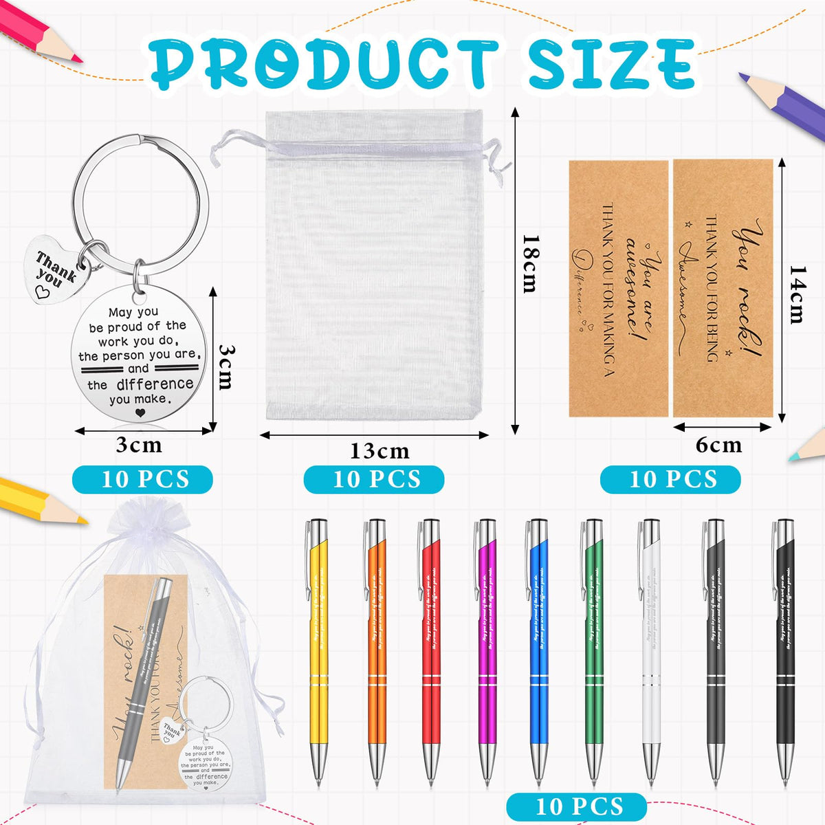 Teling 10 Sets Employee Appreciation Gifts Bulk Inspirational Pens Motivational Keychains Thank You Ballpoint Pen Gifts for Coworkers Teachers Staff Christmas