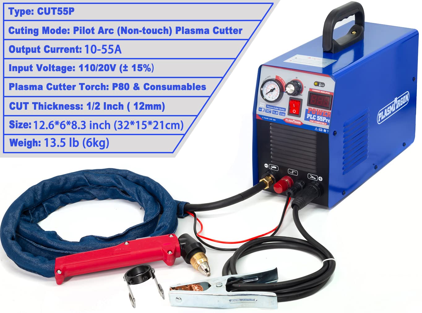 PLASMARGON PLC55Pro Plasma Cutter machine,110V/220V 55Amp Non-Touch Pilot Arc HF Air Power,Inverter IGBT 1/2 Inch Clean Cut LED Digital Display Plasma Cutting Machine