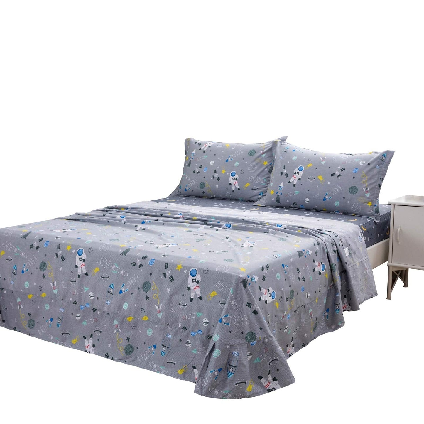 Brandream Kids Bedding Sets Full Size Astronaut Space Galaxy Boys Bed Sheet Set Deep Pockets Grey Bed Sheets Pillow Cases Set 100% Cotton 4-Piece