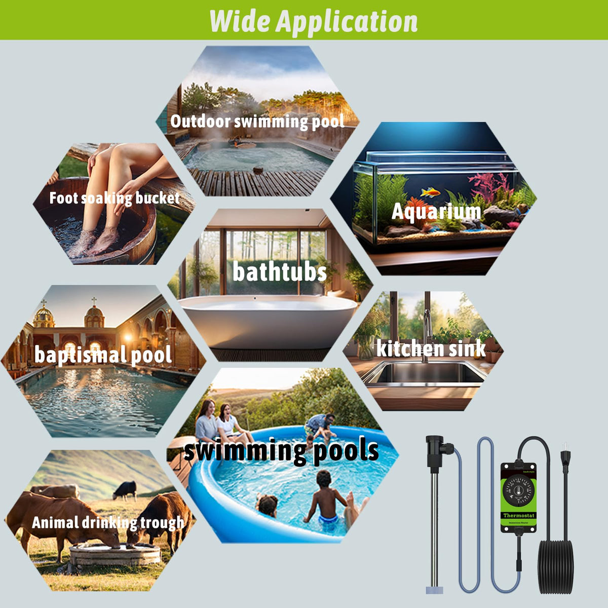LINGLONGTEMP 2000W Submersible Pool & Hot Tub Portable Electric Immersion Water Heater with Temp Control for Bathtub, Pond, Inground Pool, Inflatable Pool, Baptism, Sap, Baptismal & Above Ground Pool