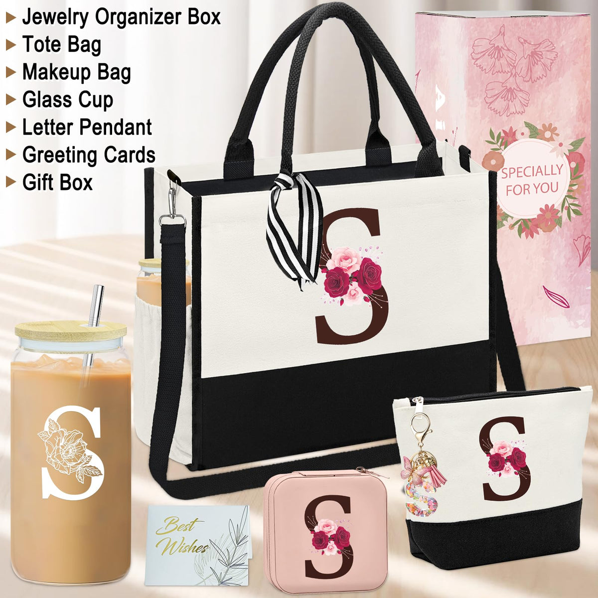 AiHeart Mother's Day Gifts,Birthday Gift for Women,Initial Canvas Tote Bag,Personalized Gifts for Women,16oz Glass Cup With Straw,Jewelry Storage Box,Monogrammed Gift for Woman Mom Sister Bestie-S