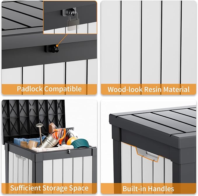 ROJIK Outdoor Storage Housing Deck Box - Waterproof Patio Furniture, Garden Tools, Cushions, Pool Accessories Storage Bench with Lockable Lid and Side Handles (Black & Whiter, 50 Gal)