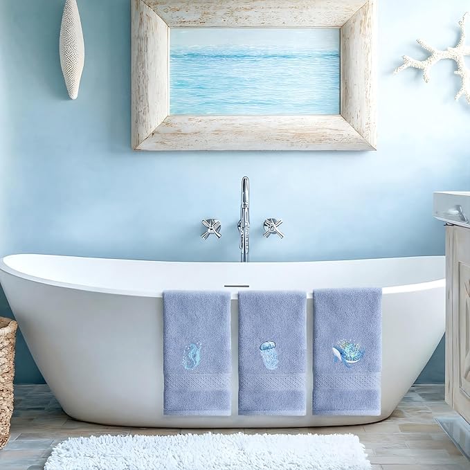 3 Pack Ocean Hand Towels for Bathroom 100% Cotton Embroidered Seahorse