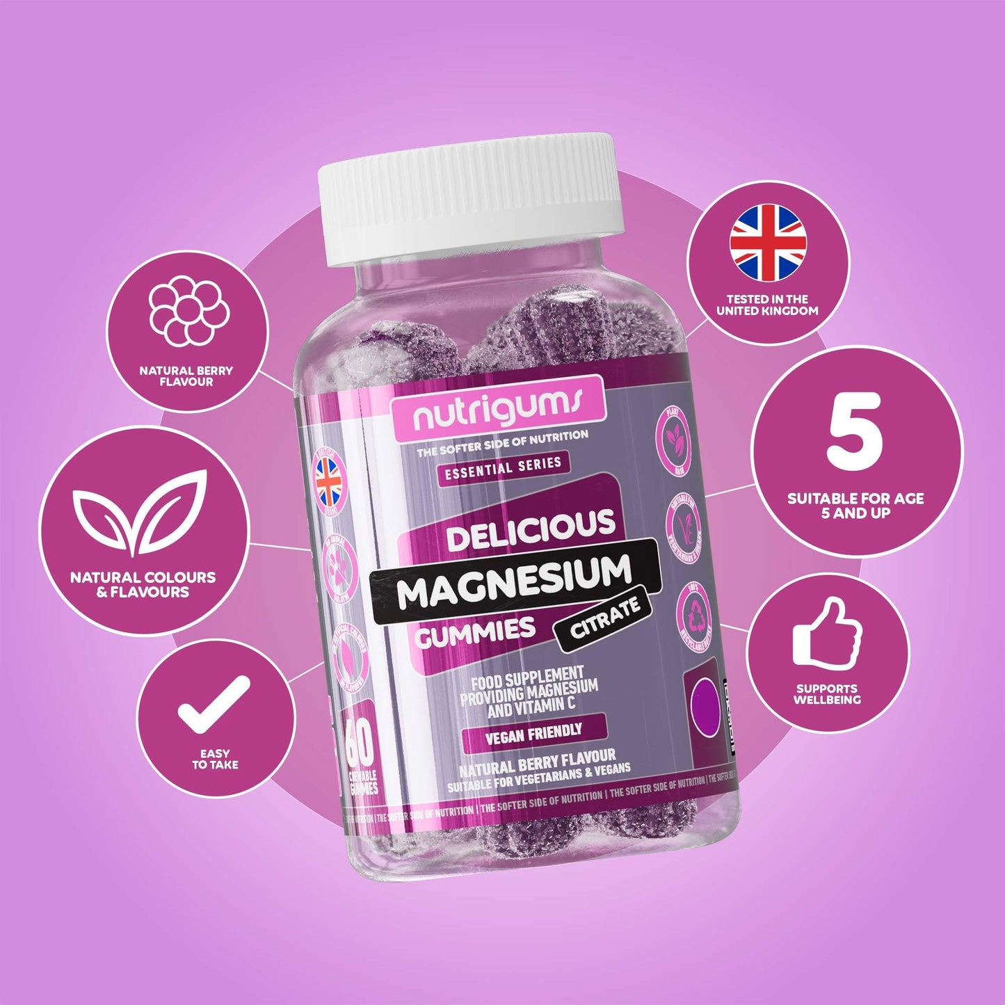 Magnesium Citrate 1250mg & Vitamin C Gummy | High Strength | 150mg of Elemental Magnesium & 80mg Vitamin C | Mixed Berry Flavour | 60 Vegan Gummies | Sleep, Energy & Bone Support by NUTRIGUMS®