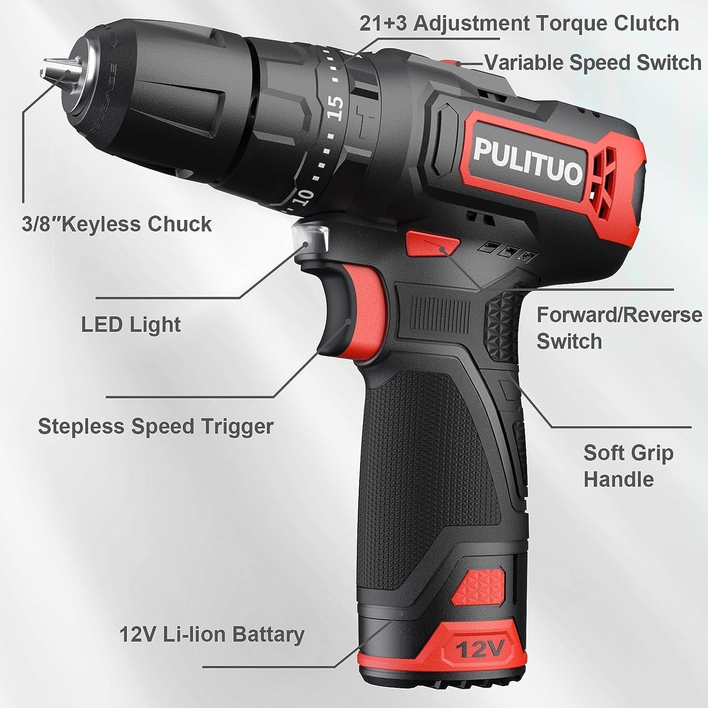 PULITUO 12V Cordless Drill and Driver Impact Tool, 35Nm of Torque, 50Pcs Bit Set, Screwdriver and Drill with 3/8" Chuck, Dual Speed 1.5Ah Battery, LED Light for Cement, Concrete, Ceiling, Brick, Wall