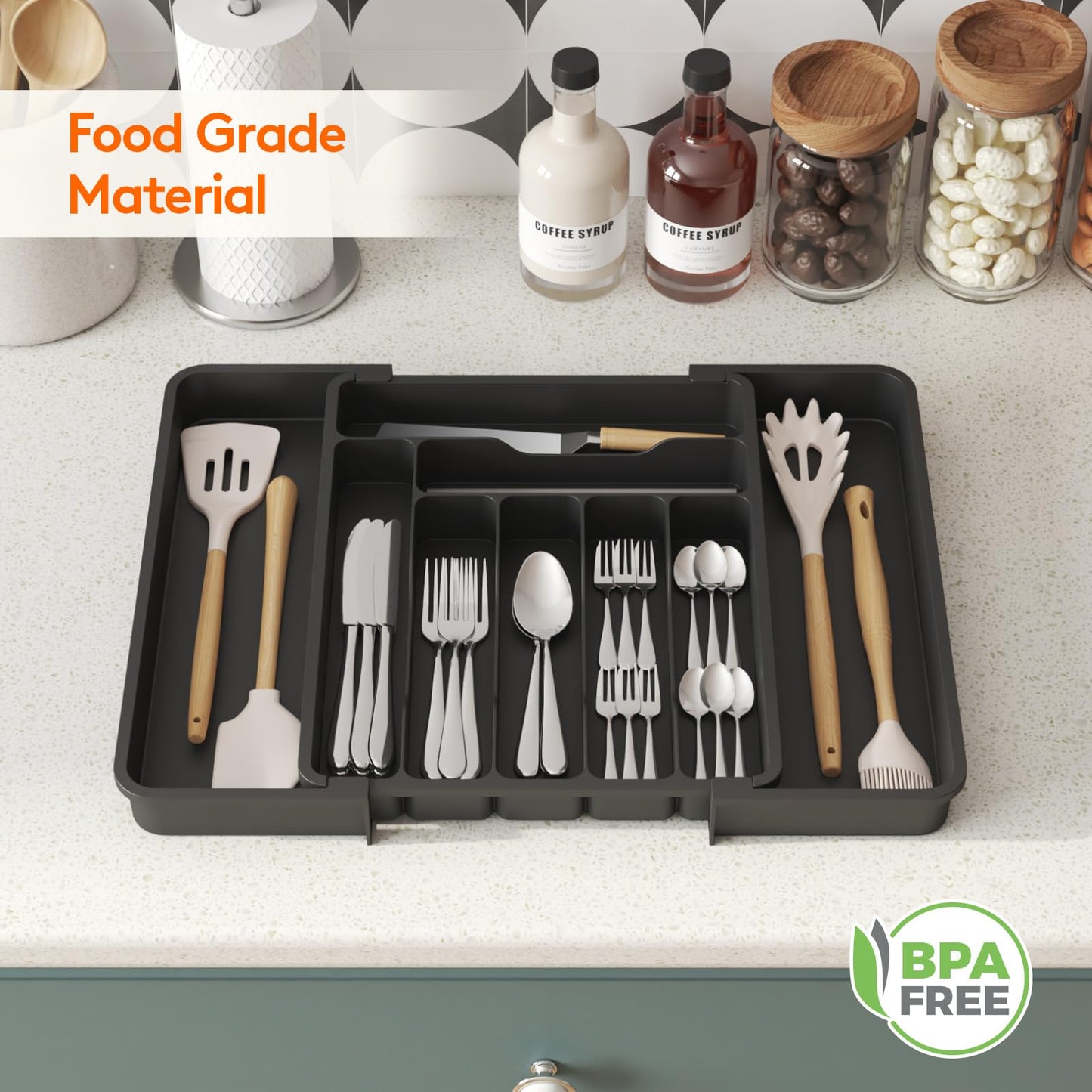 Lifewit Expandable Cutlery Drawer Organiser, Adjustable Cutlery Tray, 9 Compartment, Utensil Holder for Forks, Spoons, Knives, Plastic Kitchen Organiser and Storage, Black