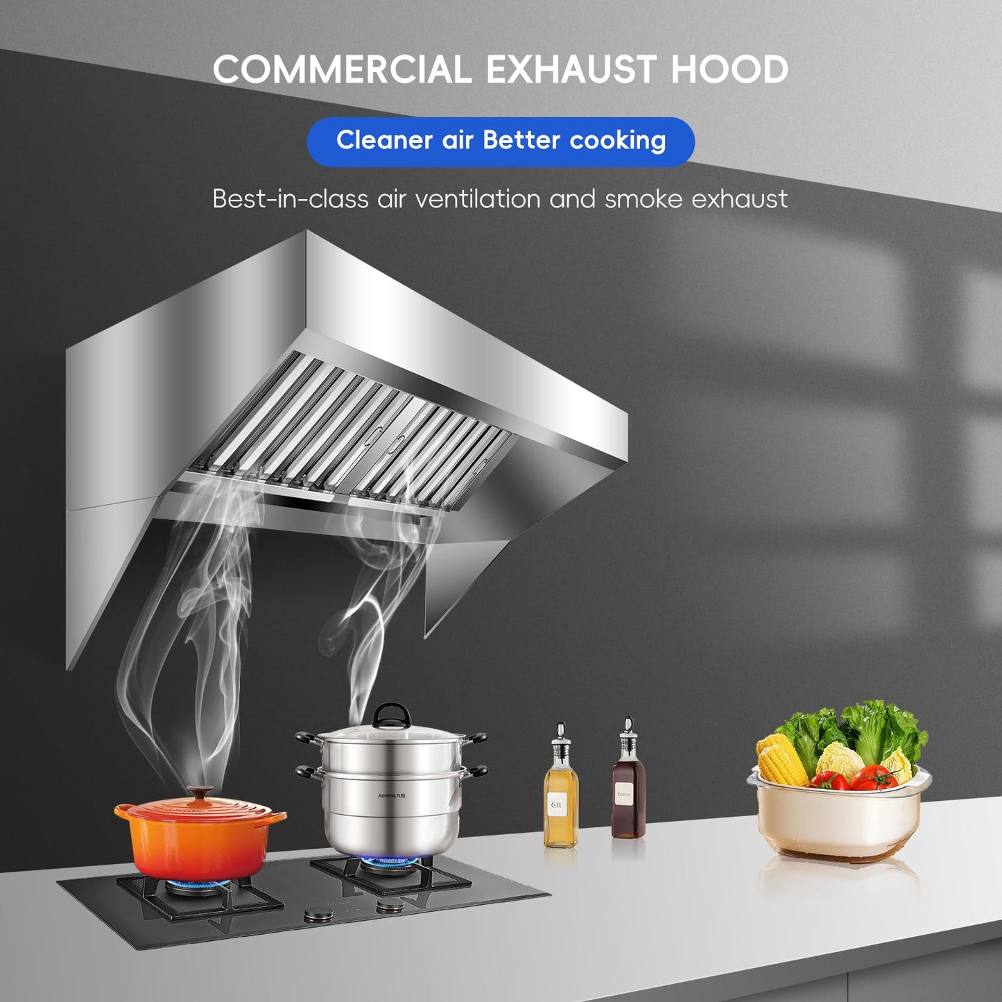4FT Commercial Exhaust Hood with 2 Detachable U-shaped Grid Oil Filter Mesh, Rust-Resistant, 201 Stainless Steel Concession Trailer Food Truck Exhaust Vent Hood, for Restaurant Kitchen
