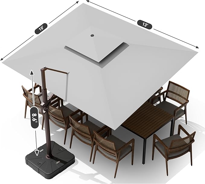 10 X 13 FT Cantilever Outdoor Patio Umbrella with Base Included Large Heavy Duty 360° Rotation Double Top Offset Rectangular Umbrellas with Led Lights for Backyard Outside Deck,Fog Grey