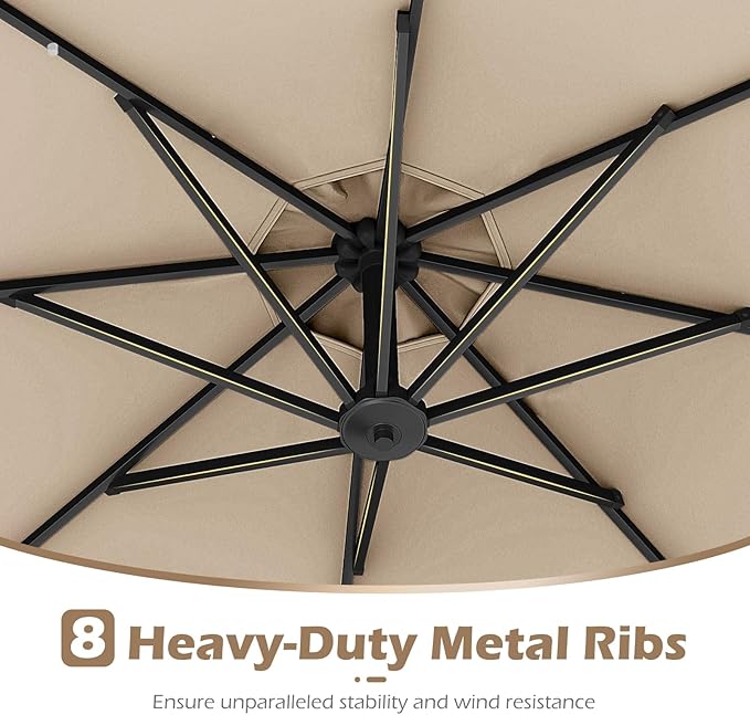 Tangkula 10ft Solar LED Patio Umbrella with Base, Offset Cantilever Outdoor Umbrella with 32 LED Lights, Infinite Tilt, 360 Degree Rotation, Crank Handle for Pool Deck Garden Backyard (Beige)