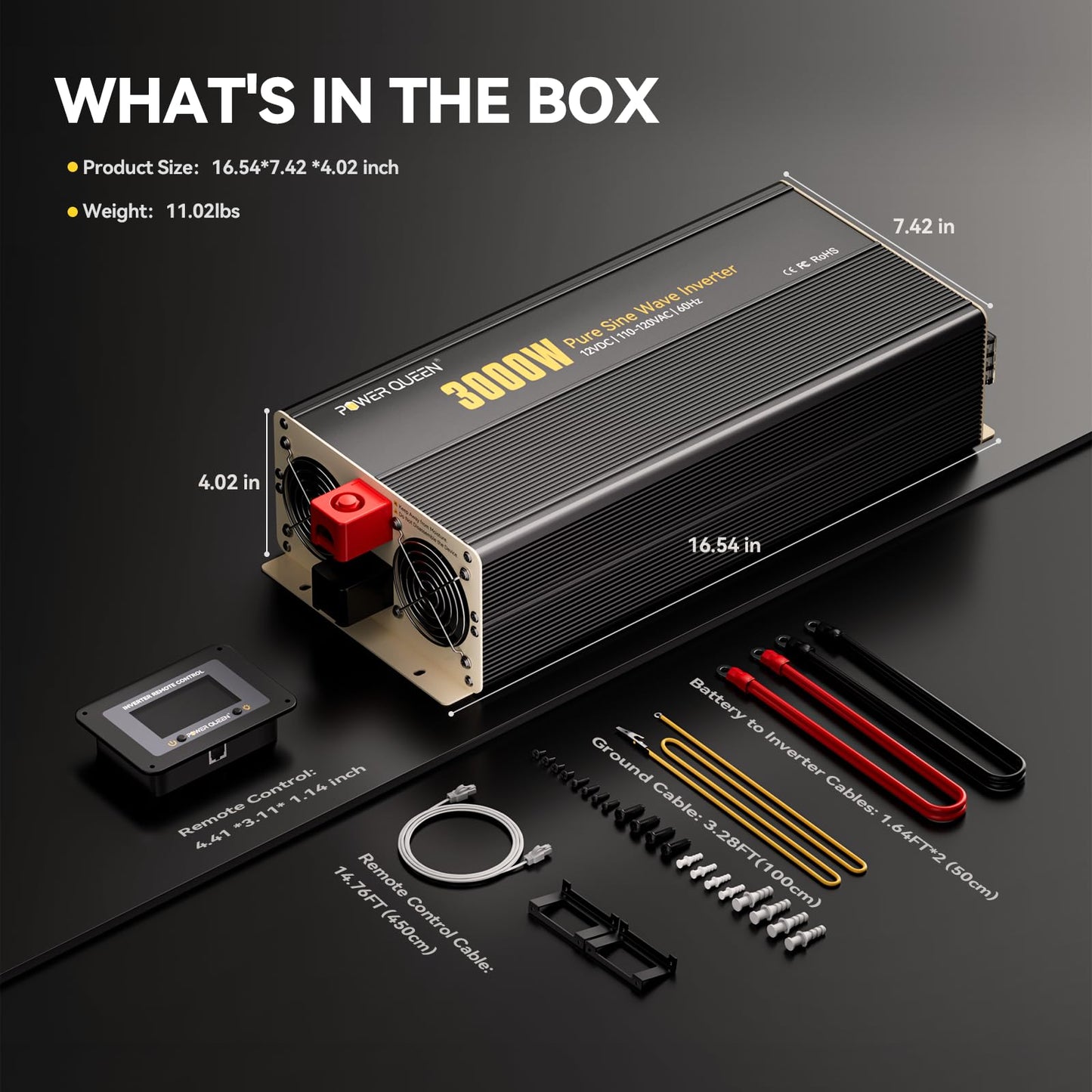 Power Queen 3000W Pure Sine Wave Inverter Charger,Solar Power Inverter 12V DC to 110V-120V AC C onverter with Remote Control,6000W Peak Power,4 AC Outlets USB Type-C for Home RV Off-Grid Solar Power