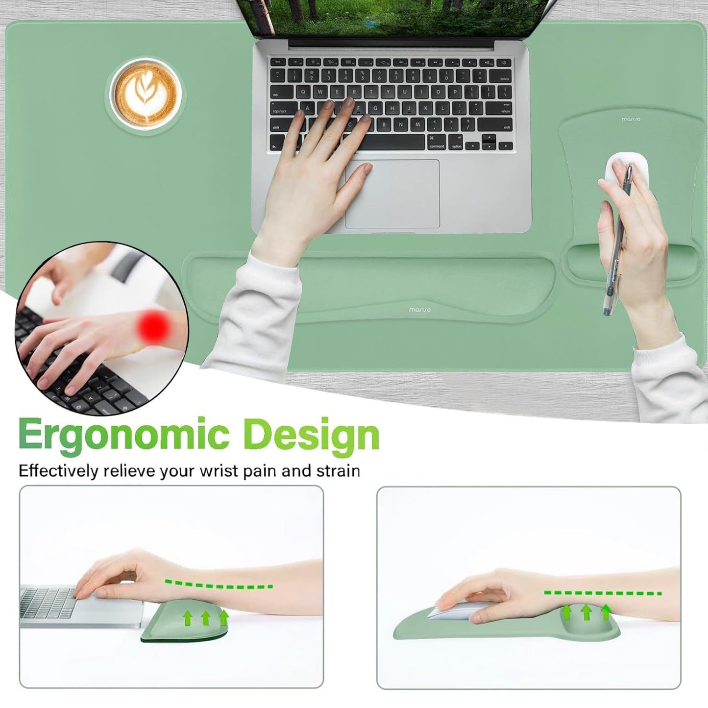 MOSISO Keyboard Mouse Pad Set, Large Gaming Mousepad&Keyboard Wrist Rest&Mouse Wrist Rest&Coaster, Ergonomic Non-Slip Mousepad&Easy Typing Cushion with Memory Foam for Home Office, Emerald Green