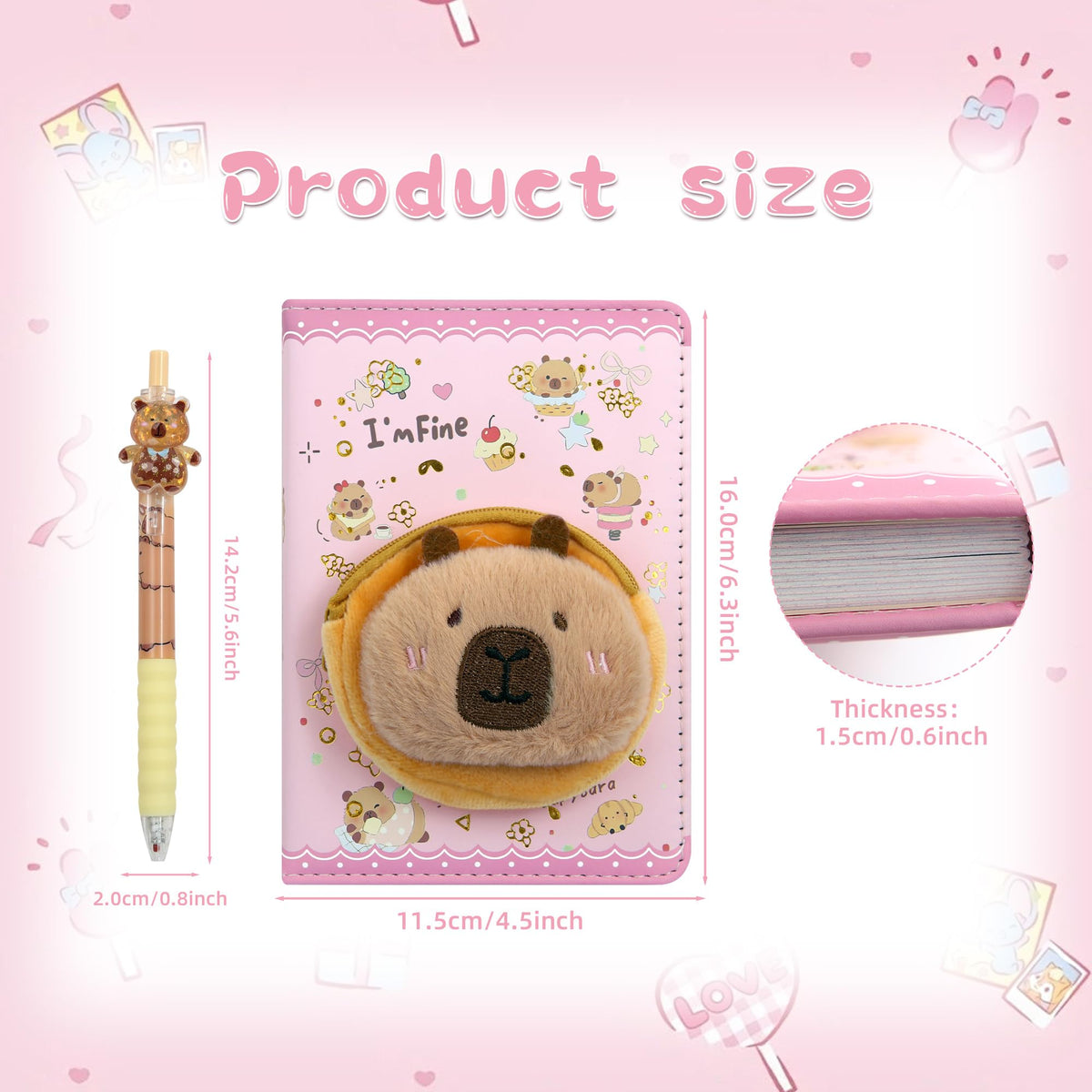 2 in 1 Plush Capybara Theme Stationery Gift Box Set,A6 Cute Pink Cartoon Animal Capybara Notebook Journal Memo Pads Notepad Soft Furry Diary with Pen Small Bag for Birthday Kids Girls Office School