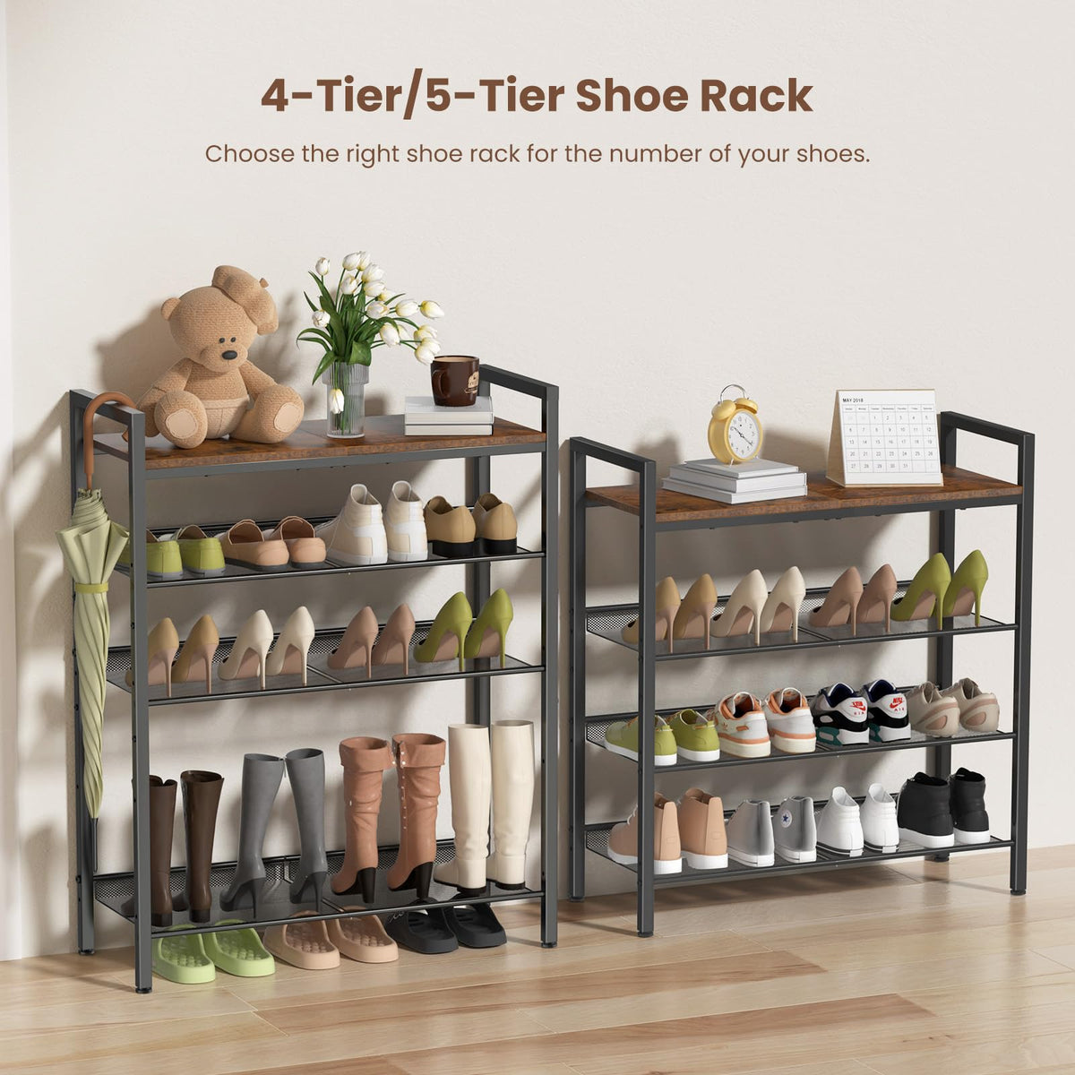 BASICS4ALL 4 Tier Shoe Rack for Entryway, Metal Shoe Rack Heavy Duty with Wooden Top & Adjustable Mesh Shelves, Shoe Storage Organizer for Front Door Entrance/Closet/Bedroom/Dorm/Garage