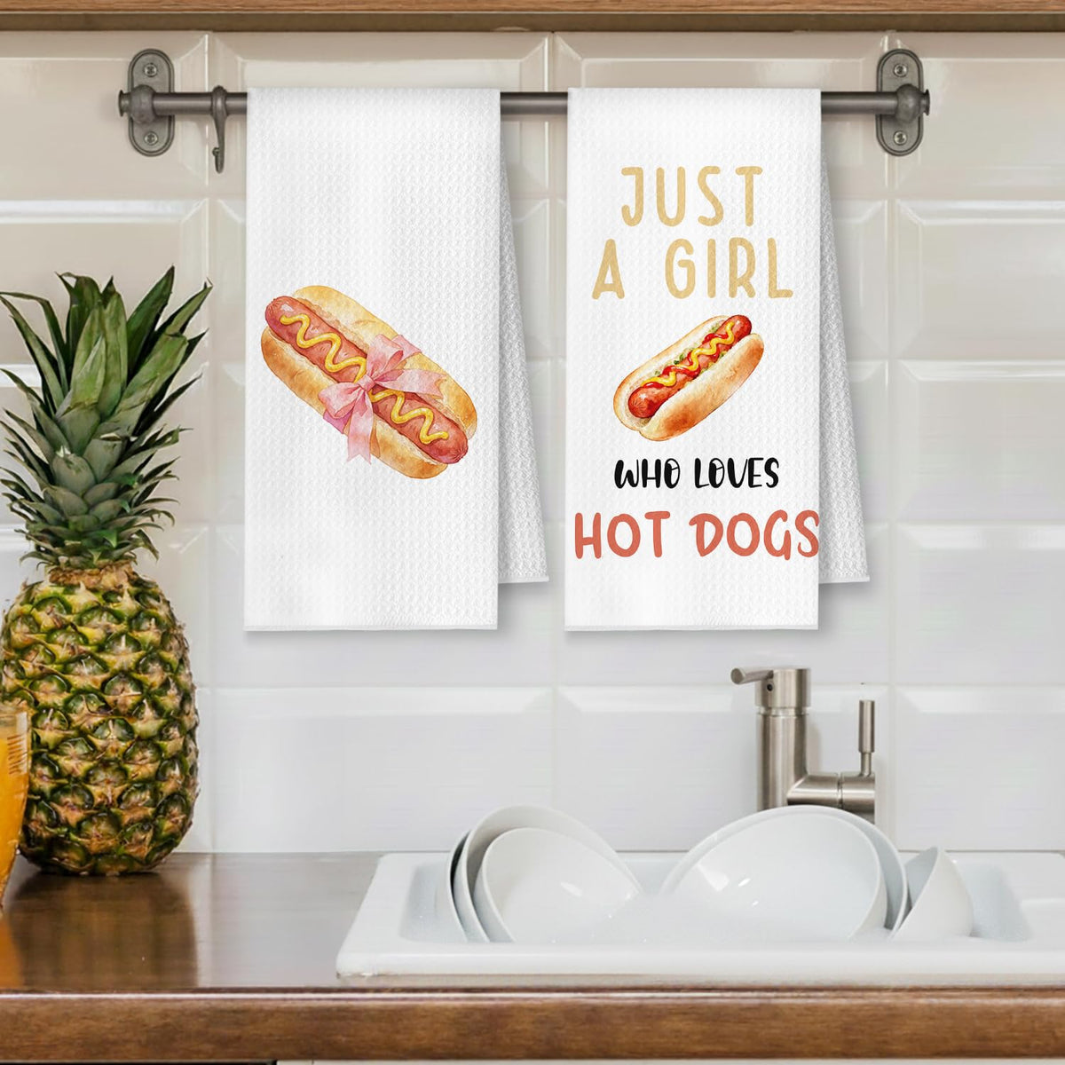 YRDBGHZDF Coquette Pink Bow Hot-Dog Kitchen Towels, Gifts for Hot Dog Lovers Dish Tea Towels, Food Lover Foodie Gifts Decorative Hand Towel for Kitchen, 16x24 Inch Set of 2
