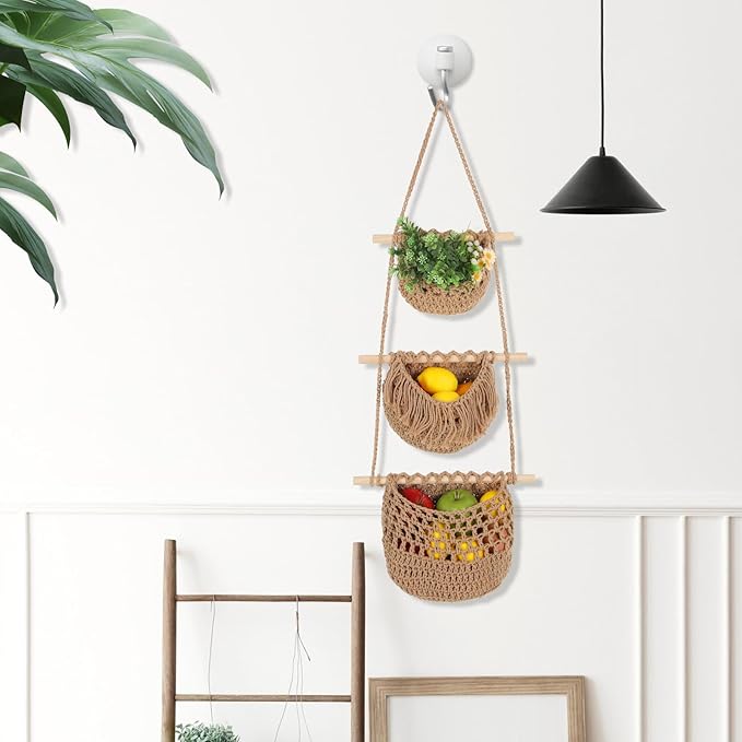 3 Tier Hanging Fruit Basket, Wall Hanging Vegetable Fruit Baskets Cotton Woven