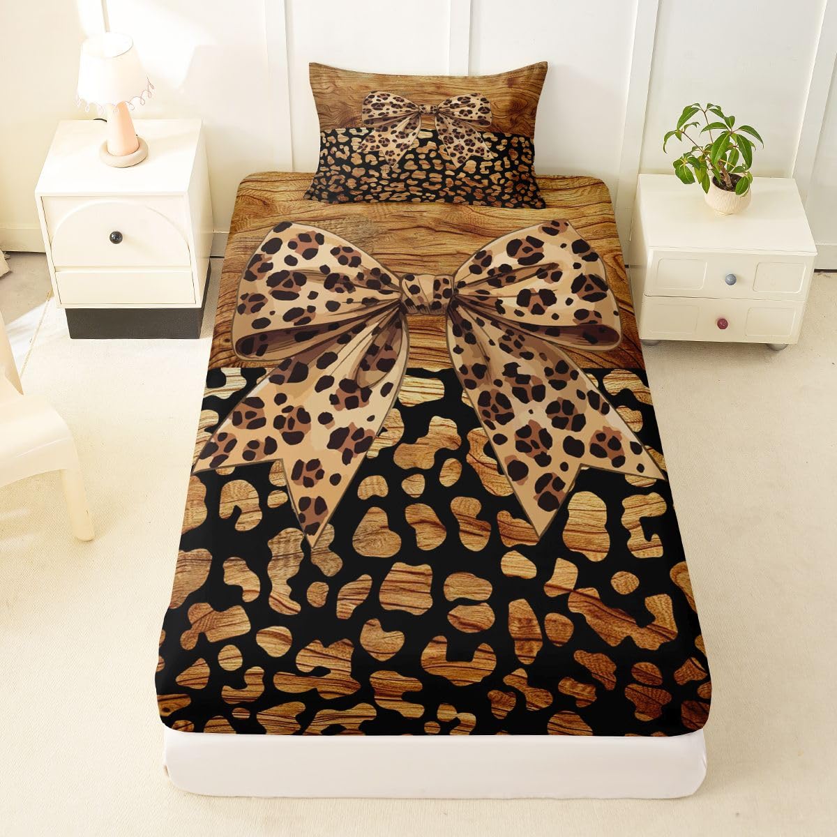 jejeloiu Brown Leopard Bow Fitted Sheet Twin Size for Kids Boys Girls Abstract Bed Sheets Set 16" Deep Pocket Leopard Print Bowknot Bedding with 1 Pillowcase Room Decor