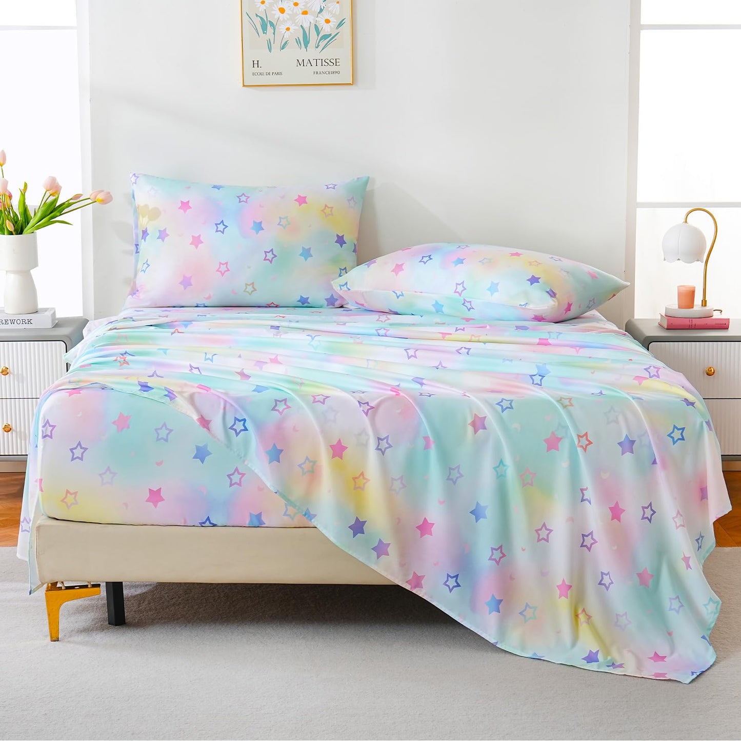 ChicView Full Sheet Set Kids,4 Pieces Breathable Soft Microfiber Bedsheets for Child Boys Girls, Anti Pilling Deep Pockets Easy Care Bed Sheets, Stars