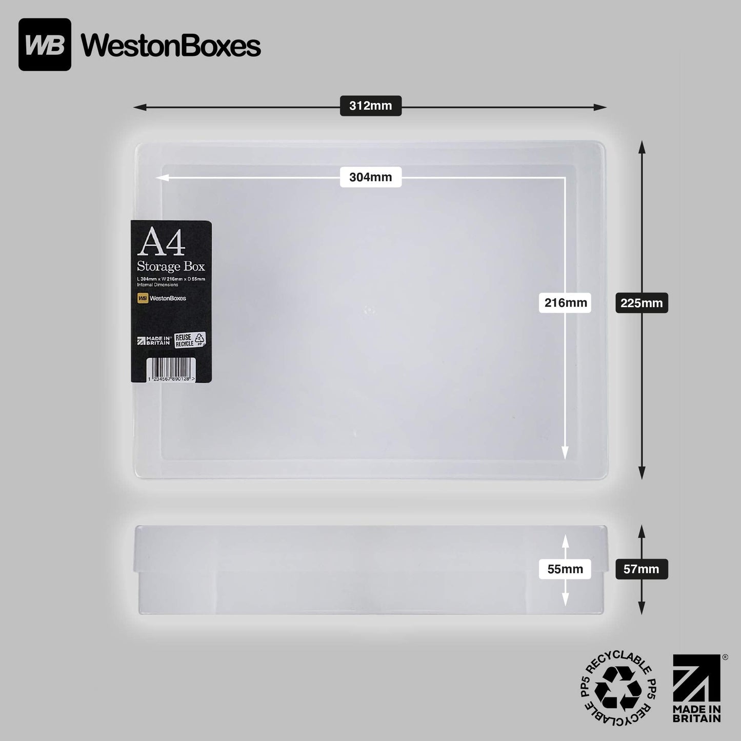 WestonBoxes A4 Transparent Plastic Craft Storage Boxes with Lids for Art Supplies, Paper and Card - 3.6 Litre Volume (Pack of 10)