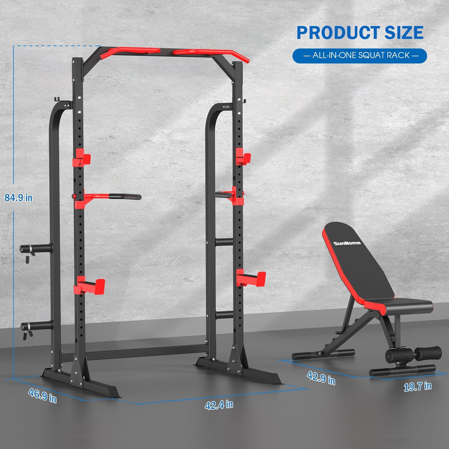 SunHome Power Cage Squat Rack, Multi-Functional Power Rack with Adjustable Cable Crossover System, J-Hooks, Dip Handles, Weight Plate Storage (S5 with Bench)