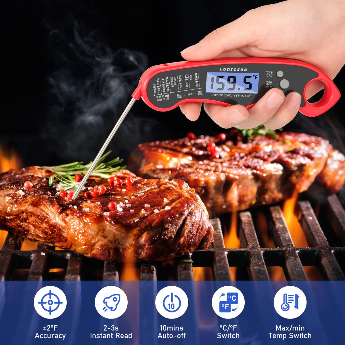 Lonicera Digital Thermometer for Cooking Food and Meat. Waterproof & Instant Read for Kitchen Baking, BBQ. with Foldable Probe, Backlight & Calibration (Red)