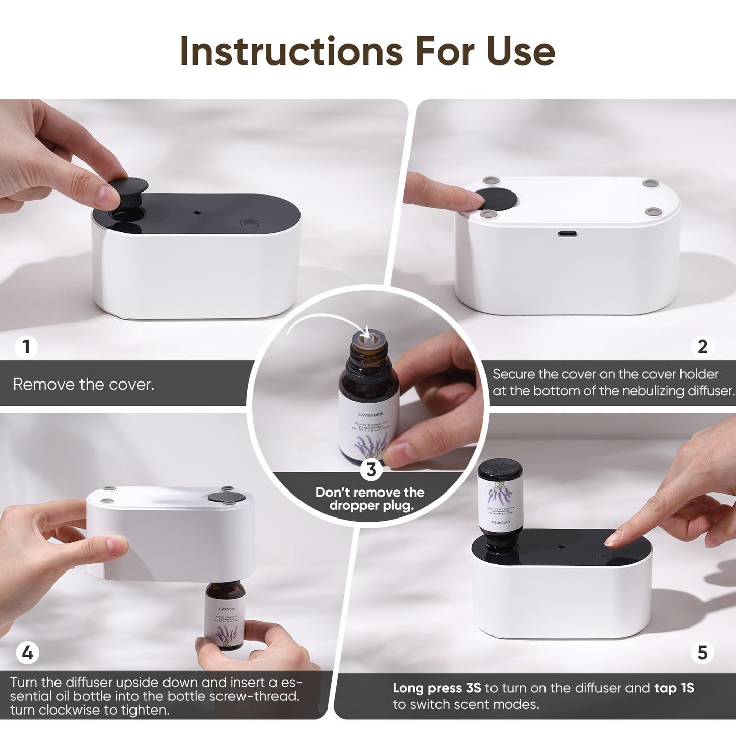 Waterless Diffuser for Essential Oil, Battery Operated Scent Air Aromatherapy Diffuser, Mini Aroma Diffusers with 3 Intermittent Mist Modes, Cycle Start, for 400 sq.ft Room Home Office Bedroom