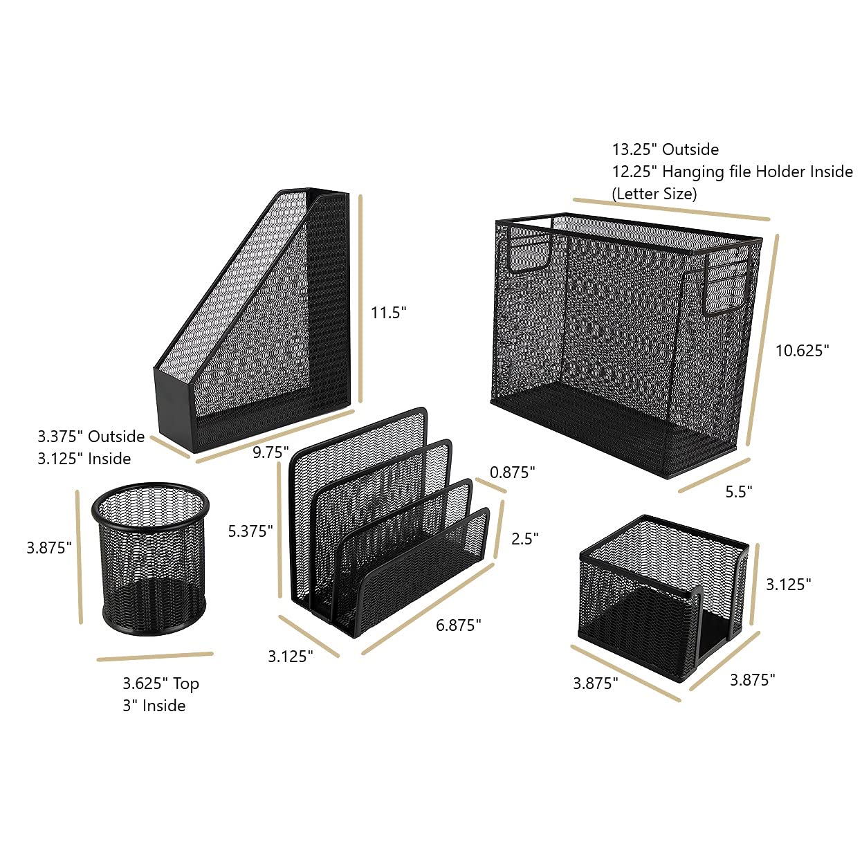 BLU MONACO Black Desk Organizer Set | 5-Piece Metal Office Supplies Collection with Hanging File Organizer, Magazine Holder, Pen Cup, Sticky Note Holder & Letter Sorter | Workspace Organization