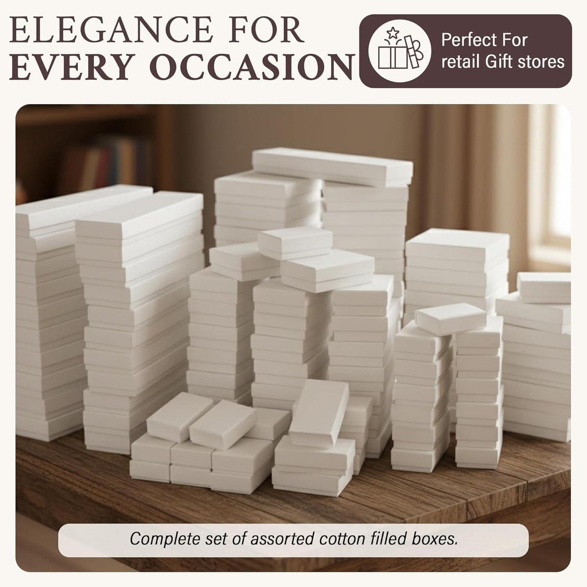 RJ Displays 50 pack Assorted Size White Paper Cardboard Cotton Filled Jewelry Gift Box for Ring, Earring, Charm, Pendant, Necklace, Bracelet, Bangle, Anklet, Belt Buckle, Brooch, and Watch