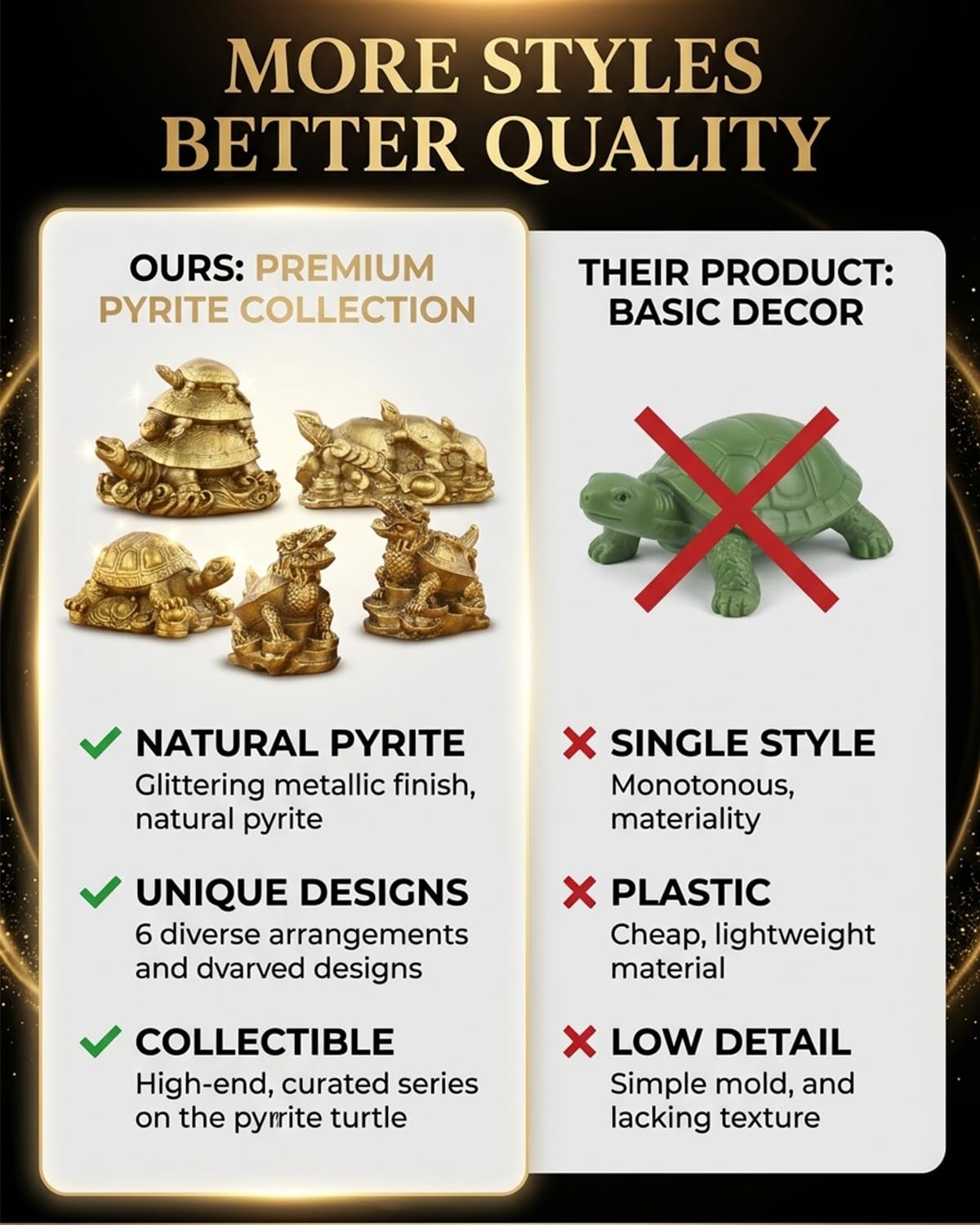 Natural Pyrite Turtle Crystal Figurine Mini Golden Tortoise Carving Feng Shui Tea Pet Sculpture Animal Ornament Gift Living Room Table Display Inspired Decor Lucky Wealth Prosperity Home Office