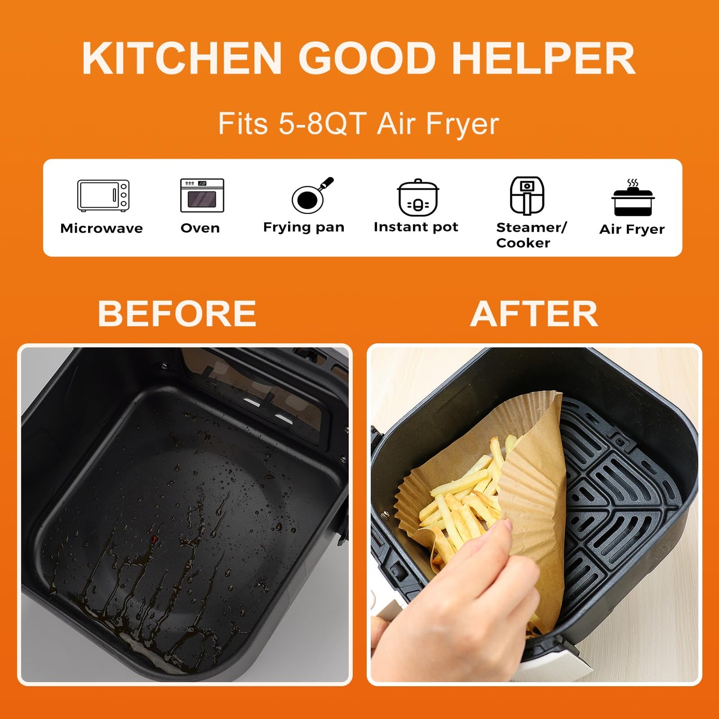 Air Fryer Disposable Paper Liners - 150Pcs 8In Square Parchment Paper Non-Stick Airfryer Basket Liners for Steamer Microwave Oven, Deep Fryer Parts & Accessories