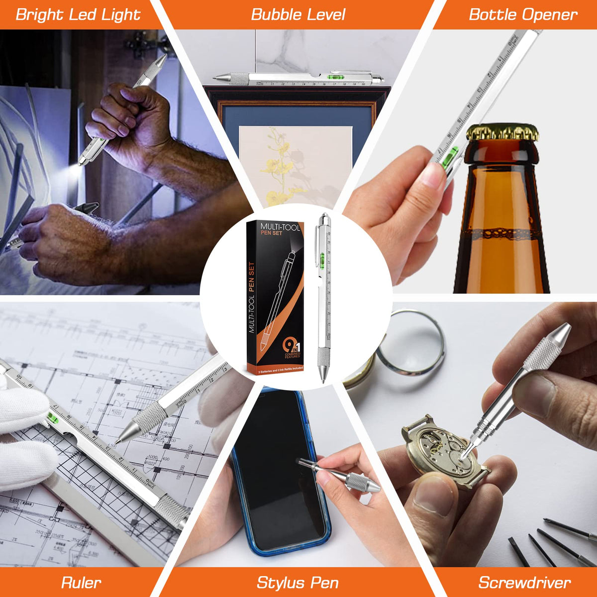 9 in 1 Multi-Tool Pen for Men, Tools with Ballpoint Pen, Screwdrivers, LED Light, Ruler, Stylus, Bubble Level and Bottle Opener, Practical Fathers Day Birthday Gifts for Men Dad Handyman DIY Lovers