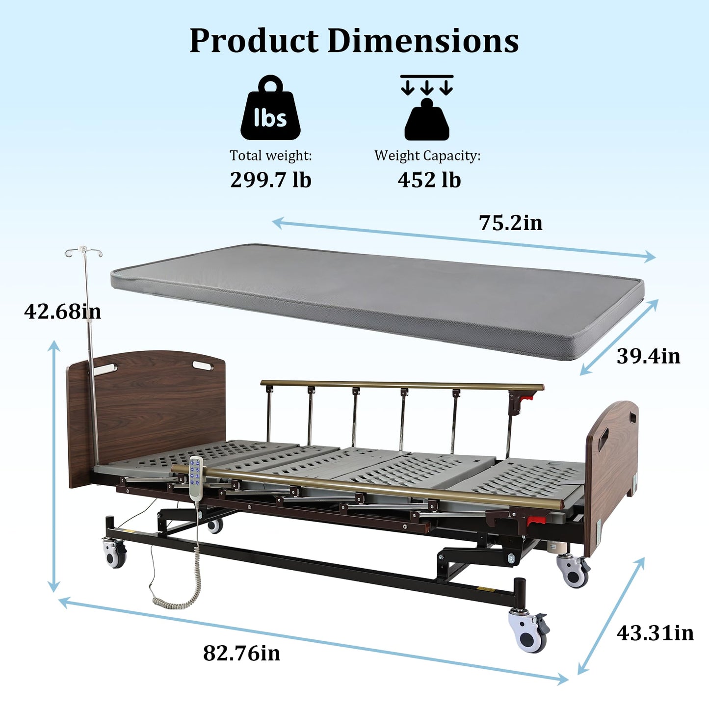 OxtraCare Zygenair Hospital Bed 6-Section ABS Ergonomic Design, 3 Function Adjustable Medical Homecare Bed for Home Use, Electric Nursing Bed with Mattress and Remote Control, IV Pole Included