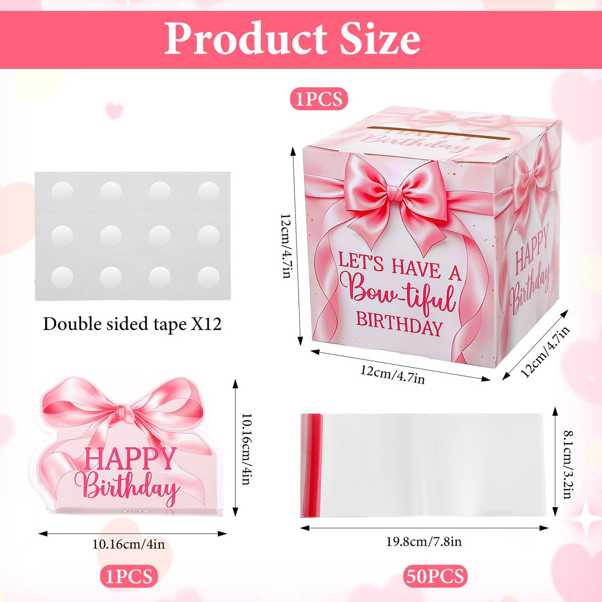 Ajcotahm Birthday Money Pull Box, Pink Bow Birthday Money Gift Box for Cash Birthday Surprise Boxes with 50 Transparent Bags Birthday Party Decorations for Women Girls