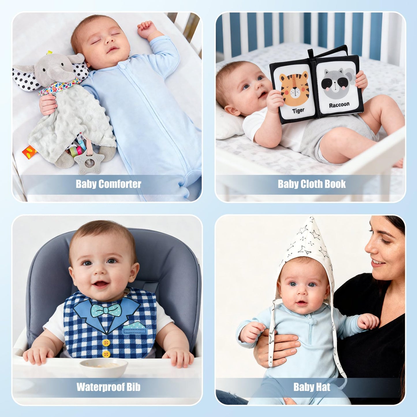 Golray 9pcs Baby Shower Gifts for Boys Newborn Kit, Blanket/Elephant Soothe/Fabric Book/Bodysuit/Bib/Sock/Hat/Greeting Card, Baby Essentials Stuff Gift for Newborn Boy Friend Newmom