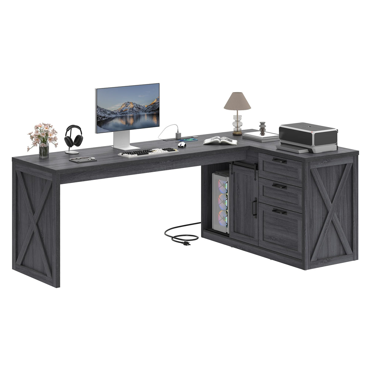 Meowloday 78'' Farmhouse L Shaped Desk, Large Home Office Desk with File Drawer and Charging Station, Computer Corner Desks with Sliding Barn Door & Storage Cabinet for Office Home, Bedroom, Grey