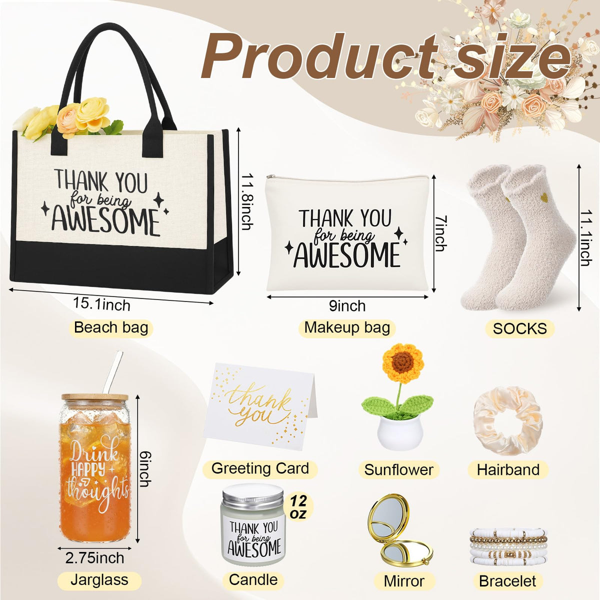 Zopeal 10 Pcs Mother Appreciation Gifts Thank You Gifts Set for Women with Canvas Tote Bag Candle Glass Tumbler Socks Bracelet Makeup Bag for Mother Friend Coworker Teacher Employee Birthday Gift