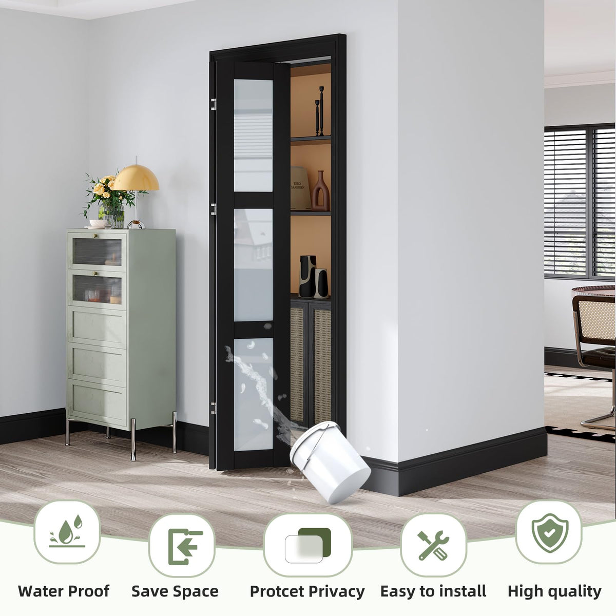 Easelife Bifold Closet Doors,Folding Door for 32" x 80" Opening,3-Lite Tempered Frosted Glass,Black Interior Bi-fold Barn Door with Concealed Sliding Hardware Kit,MDF Panel for Pantry and Laundry
