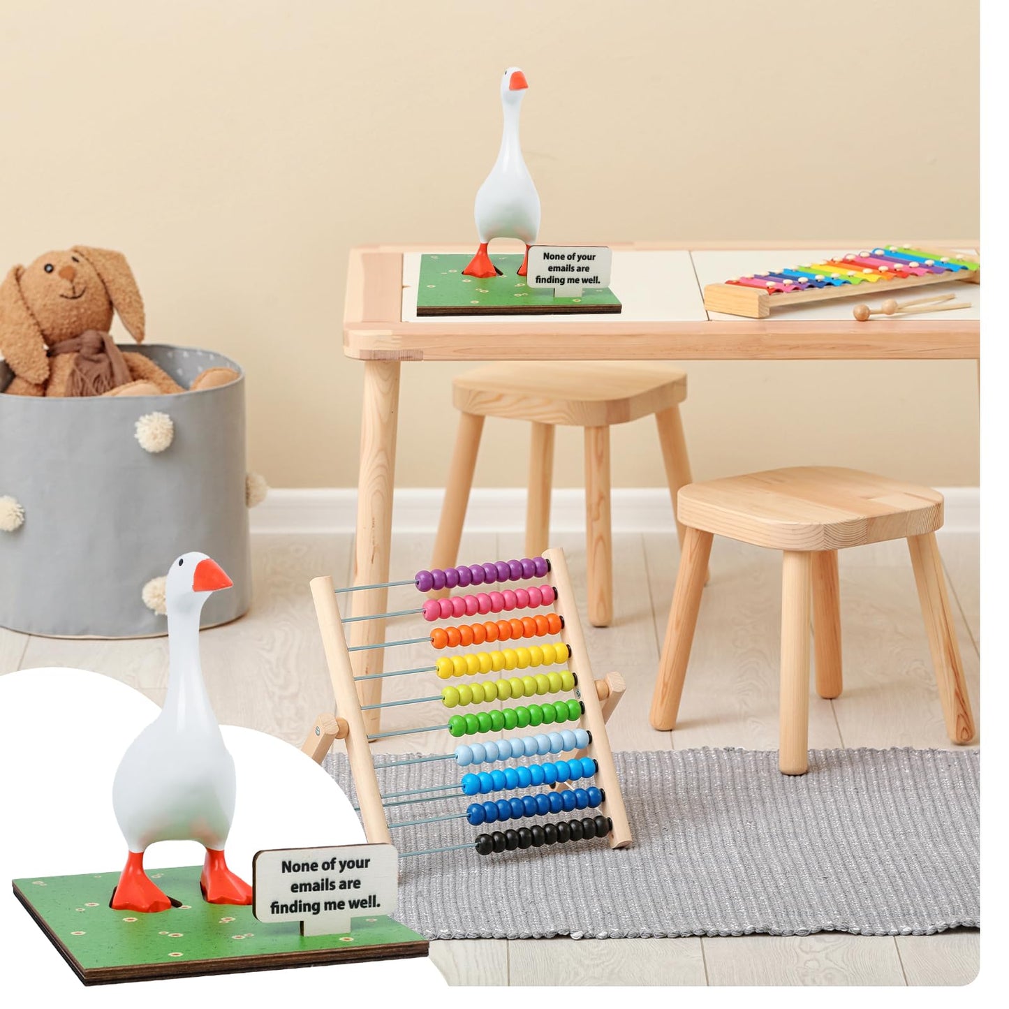 Magnetic Goose Key Holder, 7inch Desk Goose Statue with Wooden Base & Inspirational Sign Kawaii Room Decor Funny Home Office Table Desk Decor Mini Goose for Valentine New Apartment Housewarming Gifts