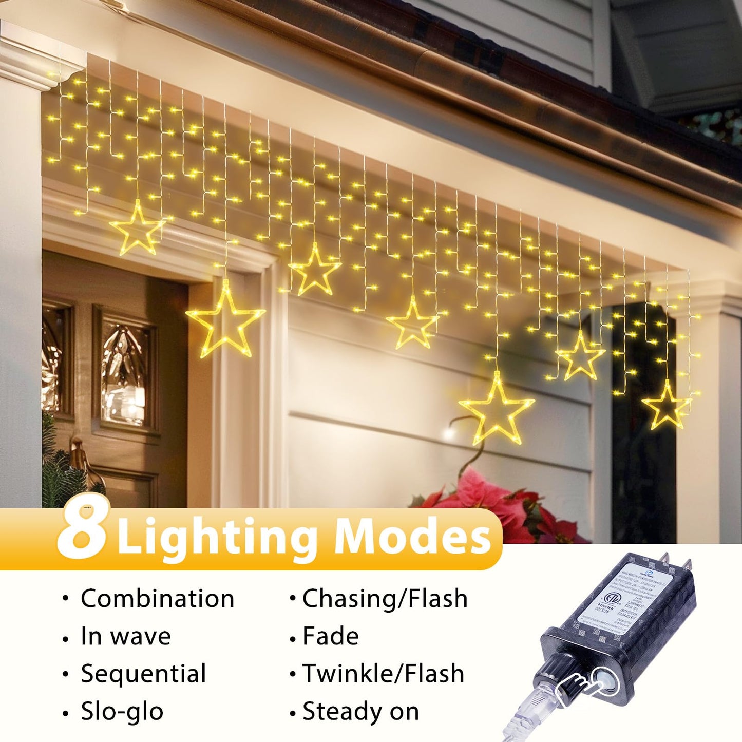 Minetom Icicle Lights Outdoor with Star, 20FT 200 LED Christmas Star Light with 24 Drops,8 Modes, Icicle String Lights with Timer, Waterproof Christmas Light Outdoor, Warm White