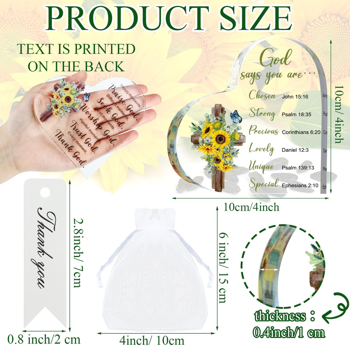 12 Set Acrylic Christian Gifts Inspirational Bible Verse Gifts Set Include 12 Sunflower Heart Paperweight 12 Organza Bags 12 Thank You Cards Scripture Religious for Women Men Christmas