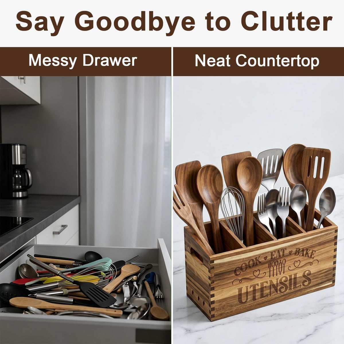toytoto Large Acacia Wooden Utensil Holder for Kitchen Countertop