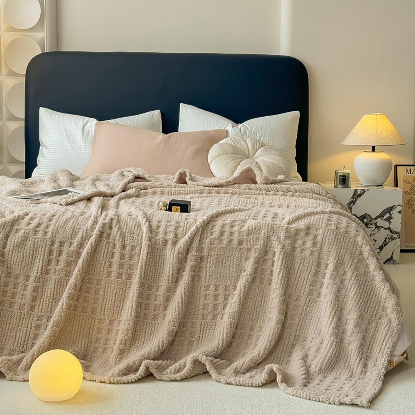 Throw Blanket for Couch or Bed,Waffle Weave Jacquard Decorative Blankets - Cozy Soft Lightweight Fuzzy Flannel Blanket(Milk Tea,80x90in)