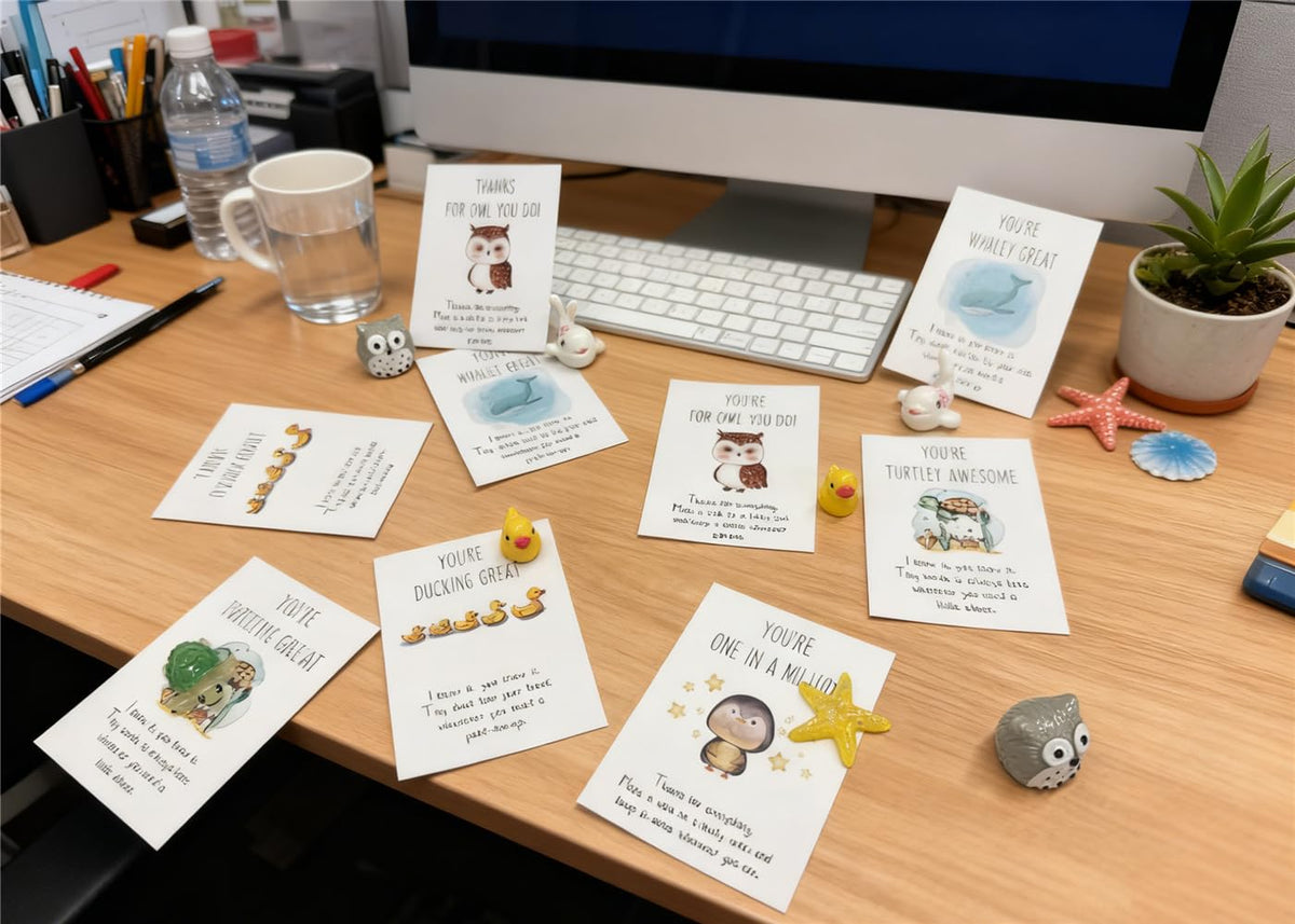 EYRBVX 25 Sets Employee Appreciation Gifts Bulk Animal Pun Note Cards Team Staff Thank You Gift For Coworkers, Gratitude and Inspiration Resin Animals With Thank You Cards, Daily Cards For Office Teacher Graduation Volunteer Nurse